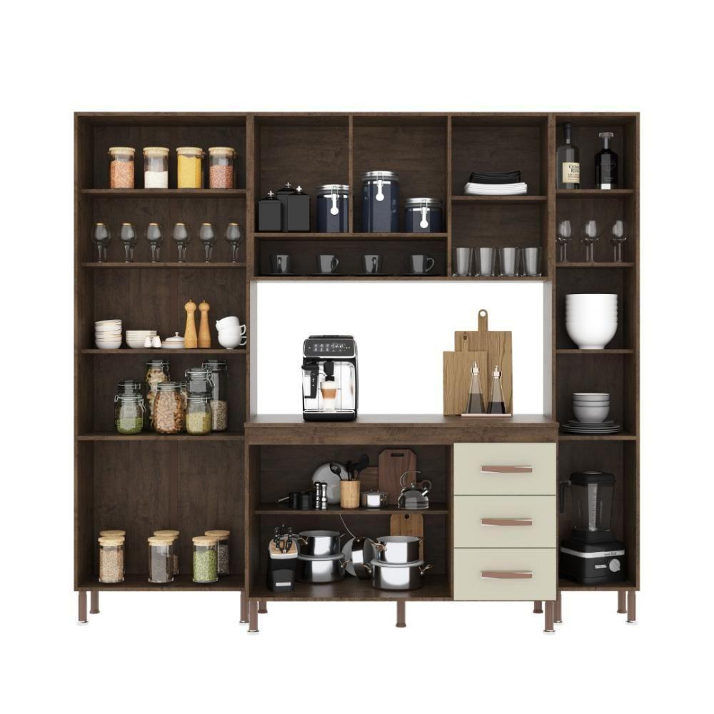 Cozinha Modulada Compacta Fidelitá Lisboa 4 Peças 225cm 11 Portas 3 Gavetas Com Tampo Noce/off-white - 3