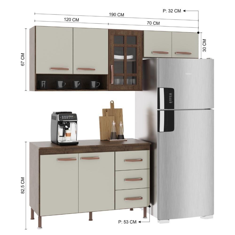 Cozinha Modulada Compacta Fidelitá Lisboa 3 Peças 190cm 7 Portas 3 Gavetas Com Tampo Noce/off-white - 4