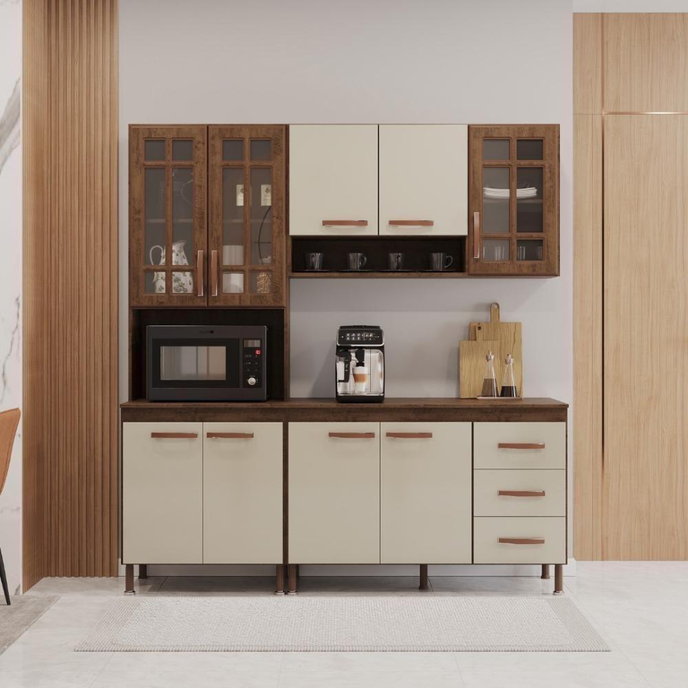 Cozinha Modulada Compacta Fidelitá Lisboa 3 Peças 190cm 9 Portas 3 Gavetas Com Tampo Noce/off-white - 1