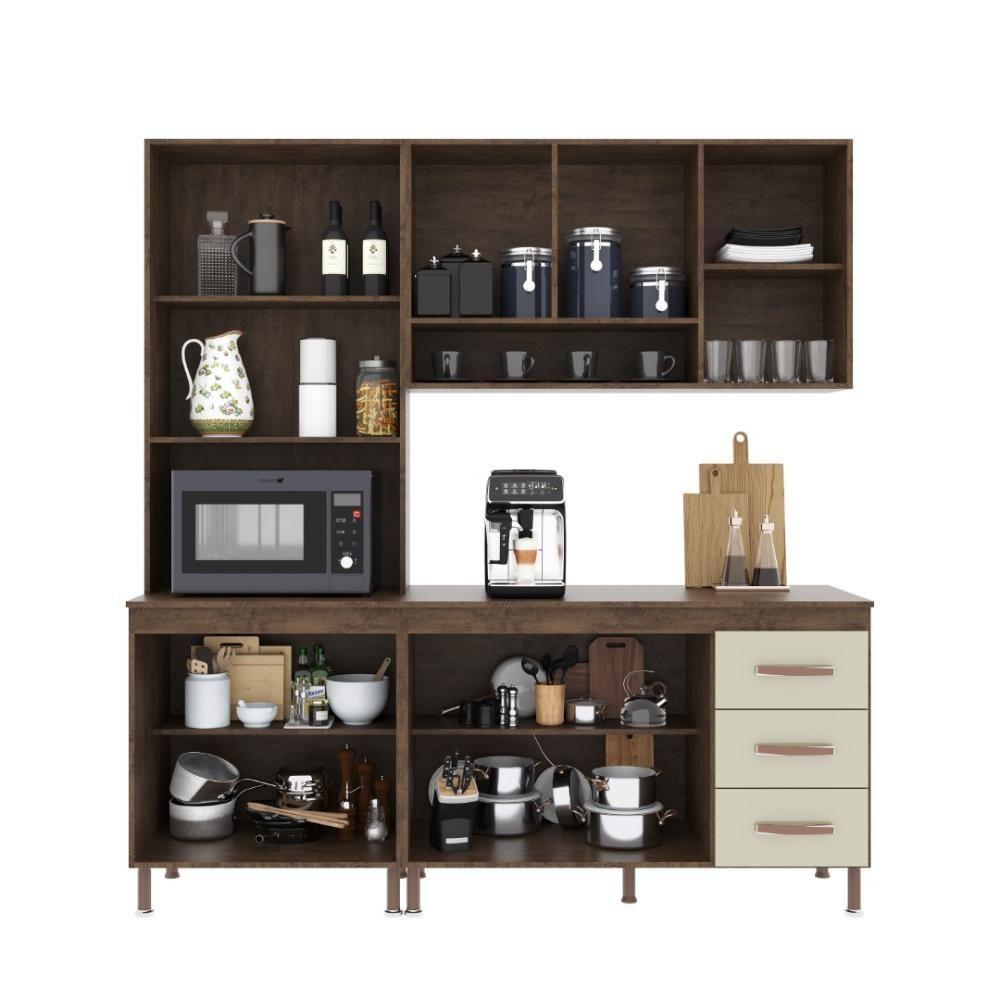 Cozinha Modulada Compacta Fidelitá Lisboa 3 Peças 190cm 9 Portas 3 Gavetas Com Tampo Noce/off-white - 2