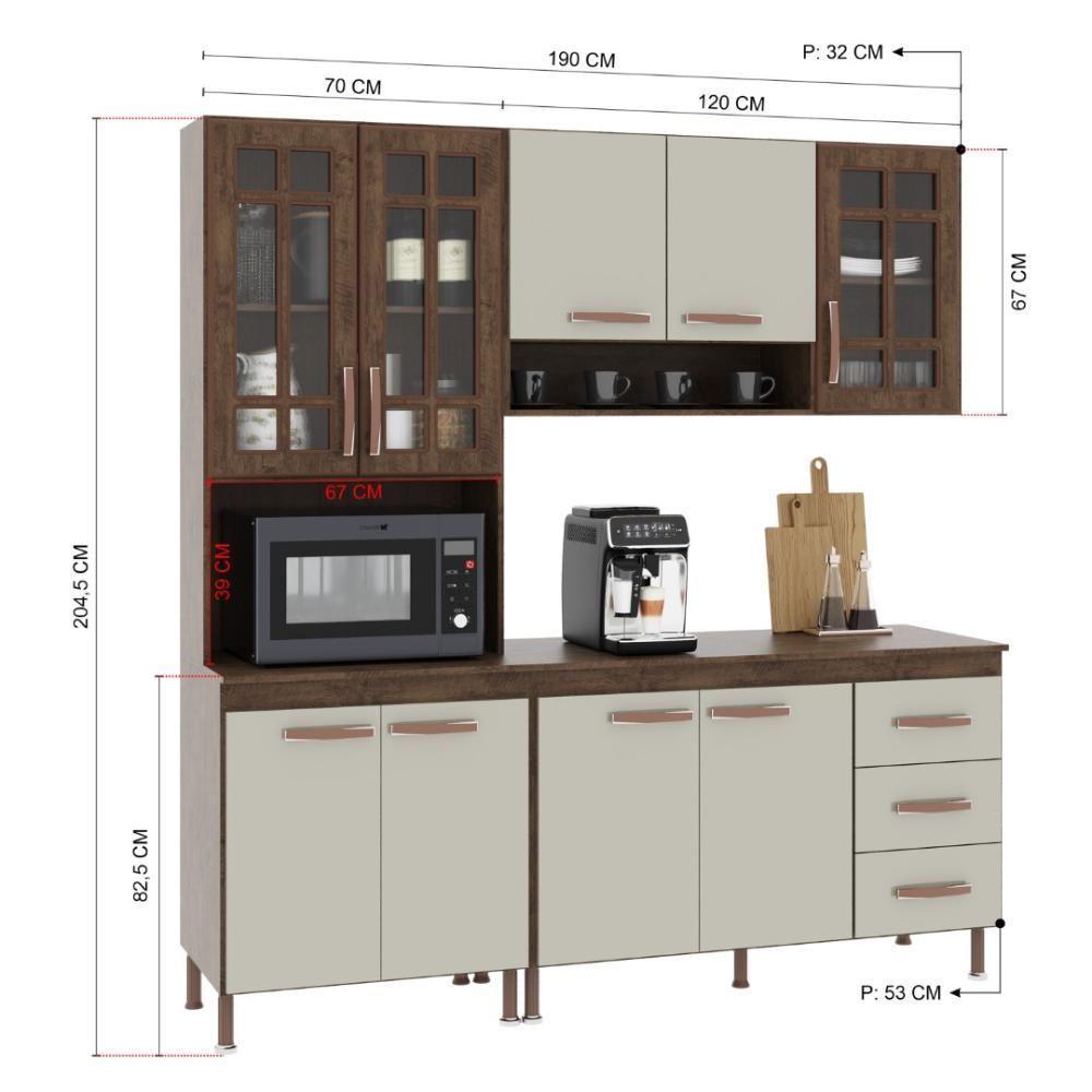 Cozinha Modulada Compacta Fidelitá Lisboa 3 Peças 190cm 9 Portas 3 Gavetas Com Tampo Noce/off-white - 4