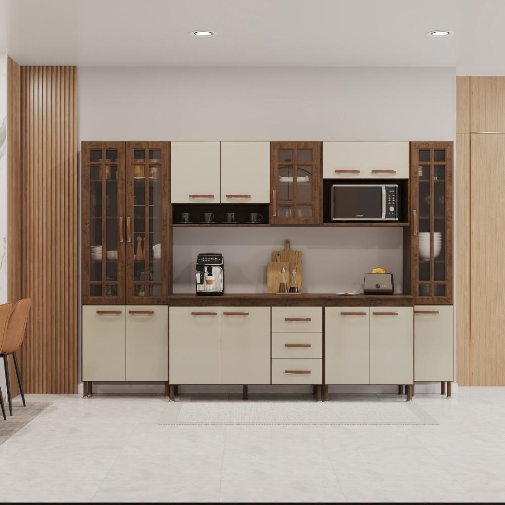 Cozinha Modulada Completa Fidelitá Lisboa 6 Peças 295cm 15 Portas 3 Gavetas Com Tampo Noce/off-white - 1