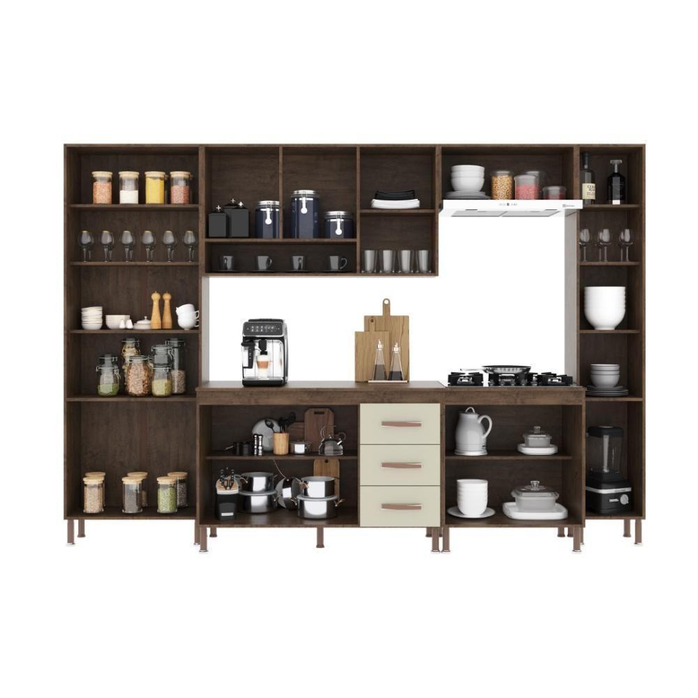 Cozinha Modulada Completa Fidelitá Lisboa 6 Peças 295cm 15 Portas 3 Gavetas Com Tampo Noce/off-white - 2