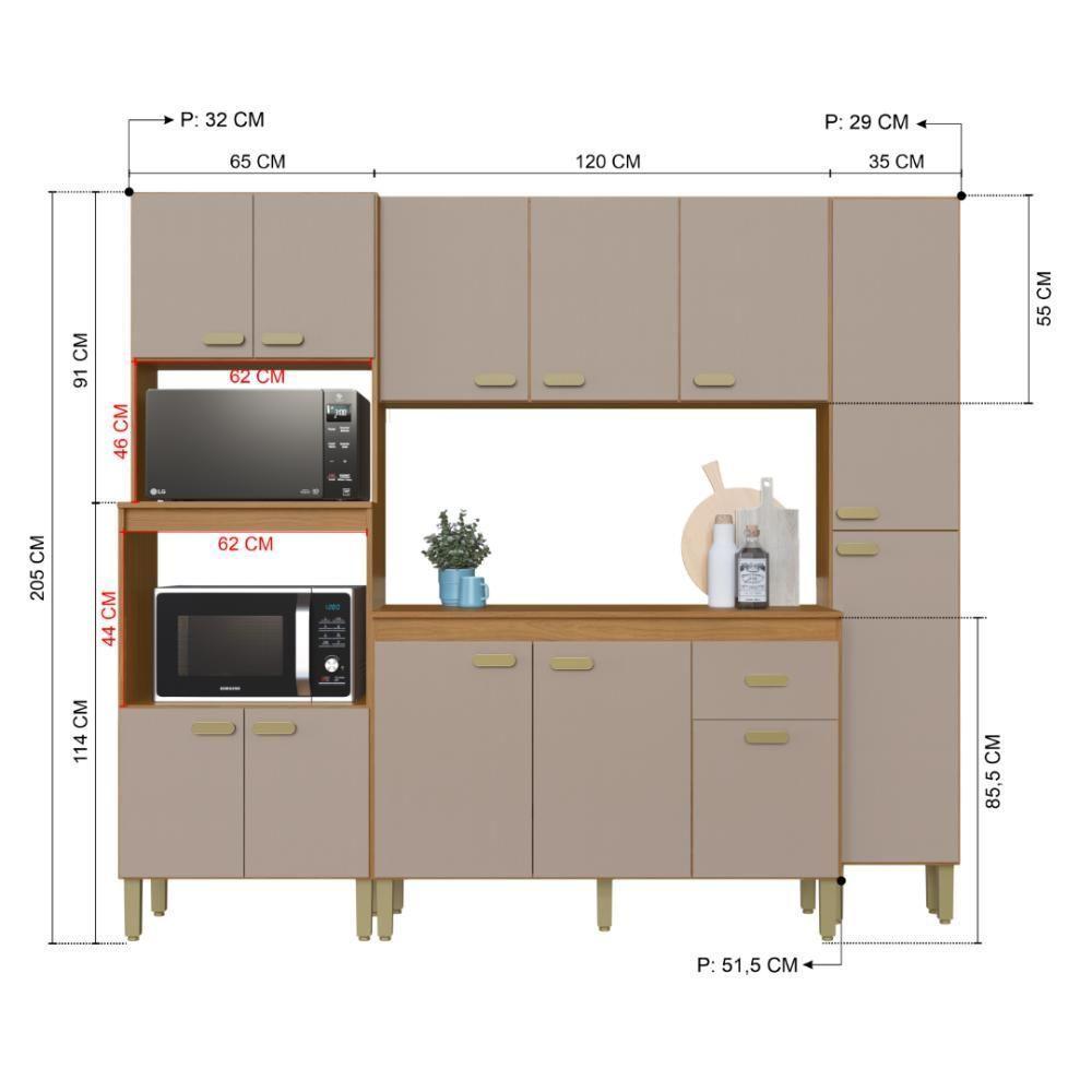 Cozinha Modulada Compacta Fidelitá Mariana 4 Peças 220cm 12 Portas 1 Gavetas Com Tampo Freijó/camurça - 3