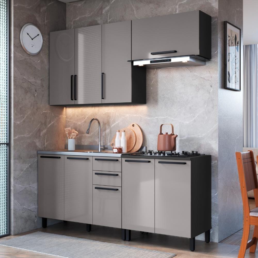 Cozinha Modulada Compacta Fidelitá Mônaco 4 Peças 200cm 9 Portas 2 Gavetas Sem Tampo Chumbo/titânio - 1