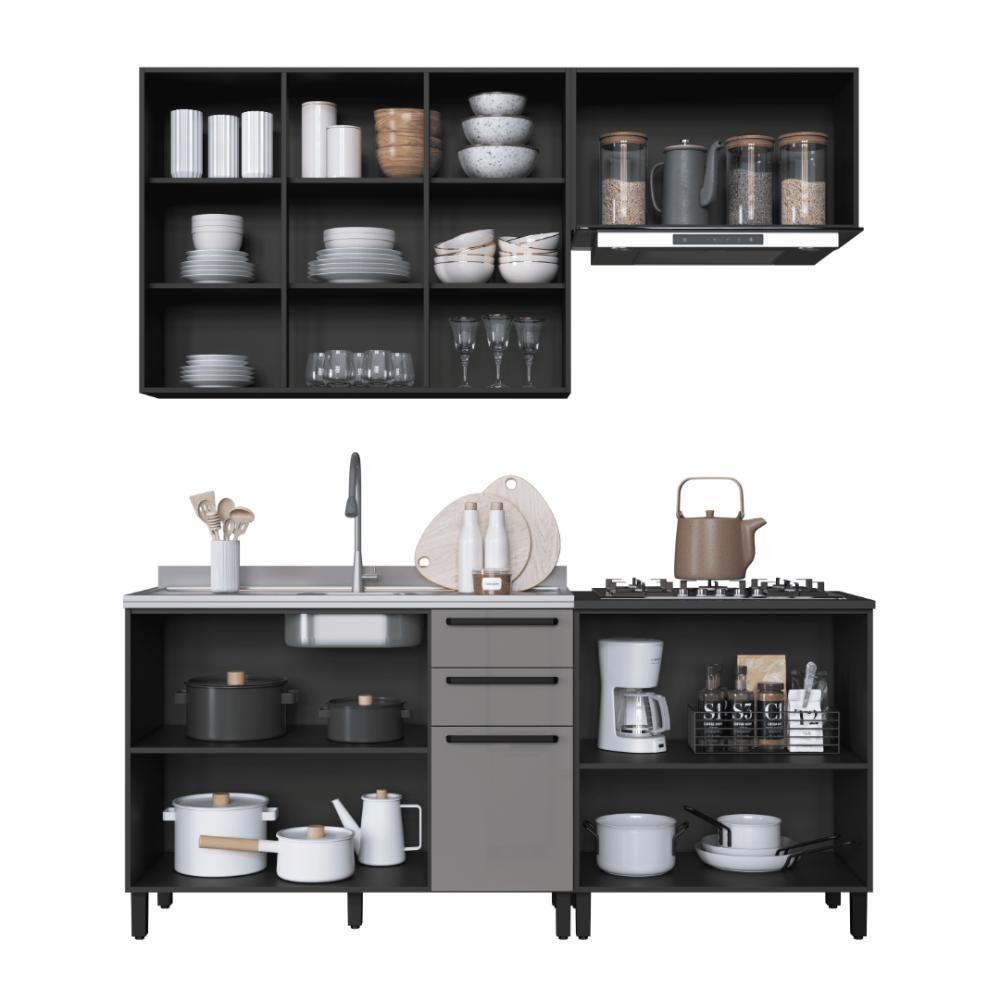 Cozinha Modulada Compacta Fidelitá Mônaco 4 Peças 200cm 9 Portas 2 Gavetas Sem Tampo Chumbo/titânio - 2