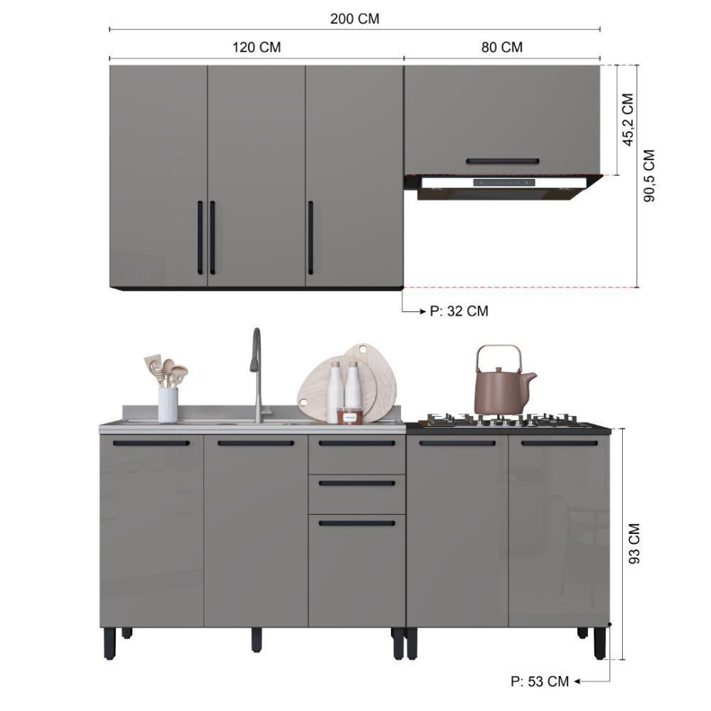 Cozinha Modulada Compacta Fidelitá Mônaco 4 Peças 200cm 9 Portas 2 Gavetas Sem Tampo Chumbo/titânio - 4