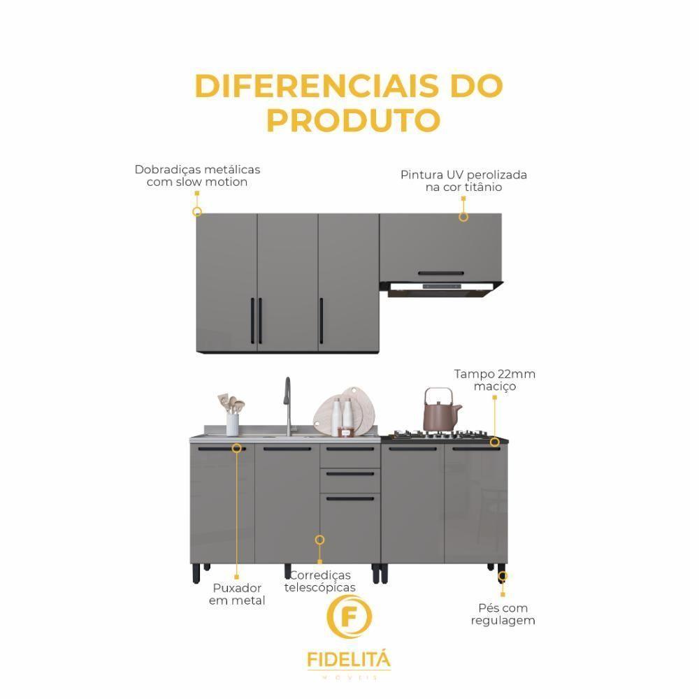 Cozinha Modulada Compacta Fidelitá Mônaco 4 Peças 200cm 9 Portas 2 Gavetas Sem Tampo Chumbo/titânio - 5