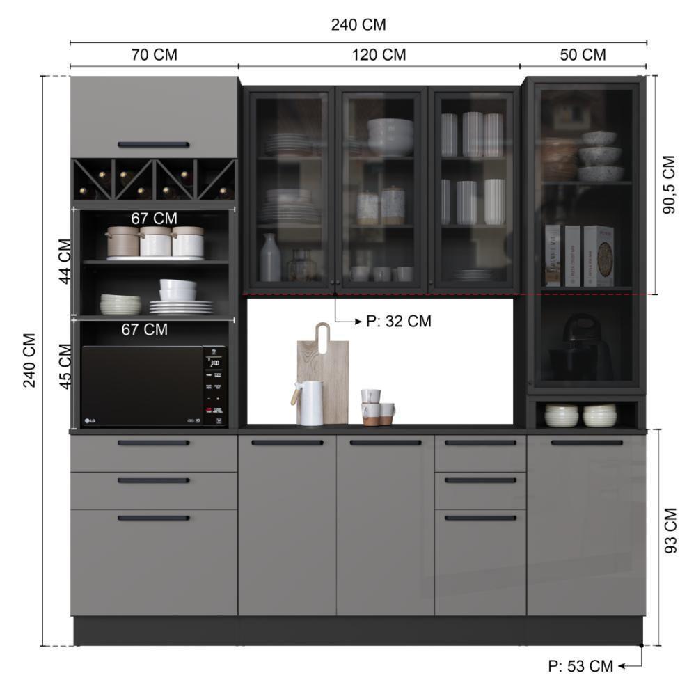 Cozinha Modulada Compacta Fidelitá Mônaco 4 Peças Com Rodapé 240cm 10 Portas 4 Gavetas Com Tampo Chumbo/titânio - 4