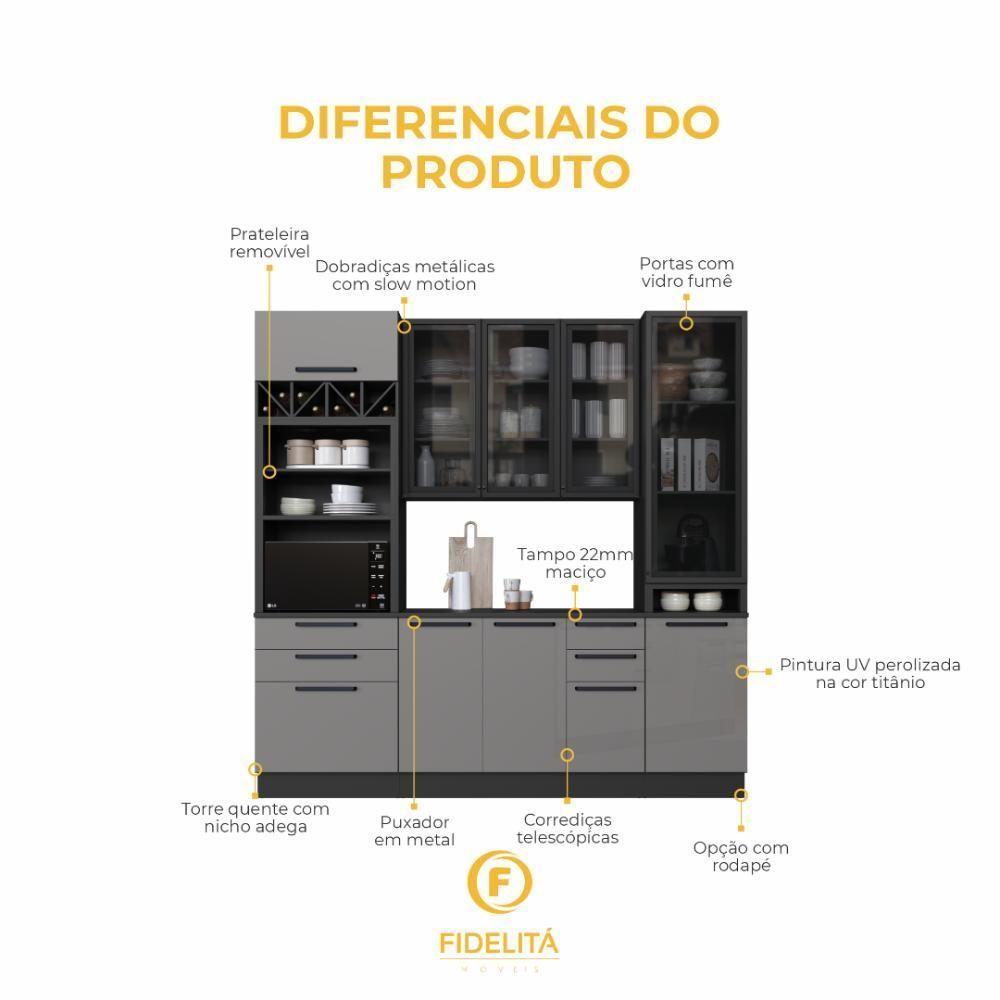Cozinha Modulada Compacta Fidelitá Mônaco 4 Peças Com Rodapé 240cm 10 Portas 4 Gavetas Com Tampo Chumbo/titânio - 5