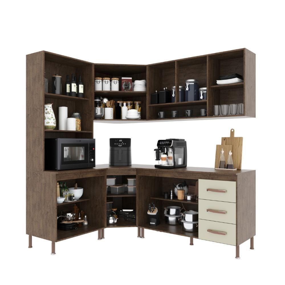 Cozinha Modulada Completa Fidelitá Lisboa 5 Peças 340cm 12 Portas 3 Gavetas Com Tampo Noce/off-white - 4