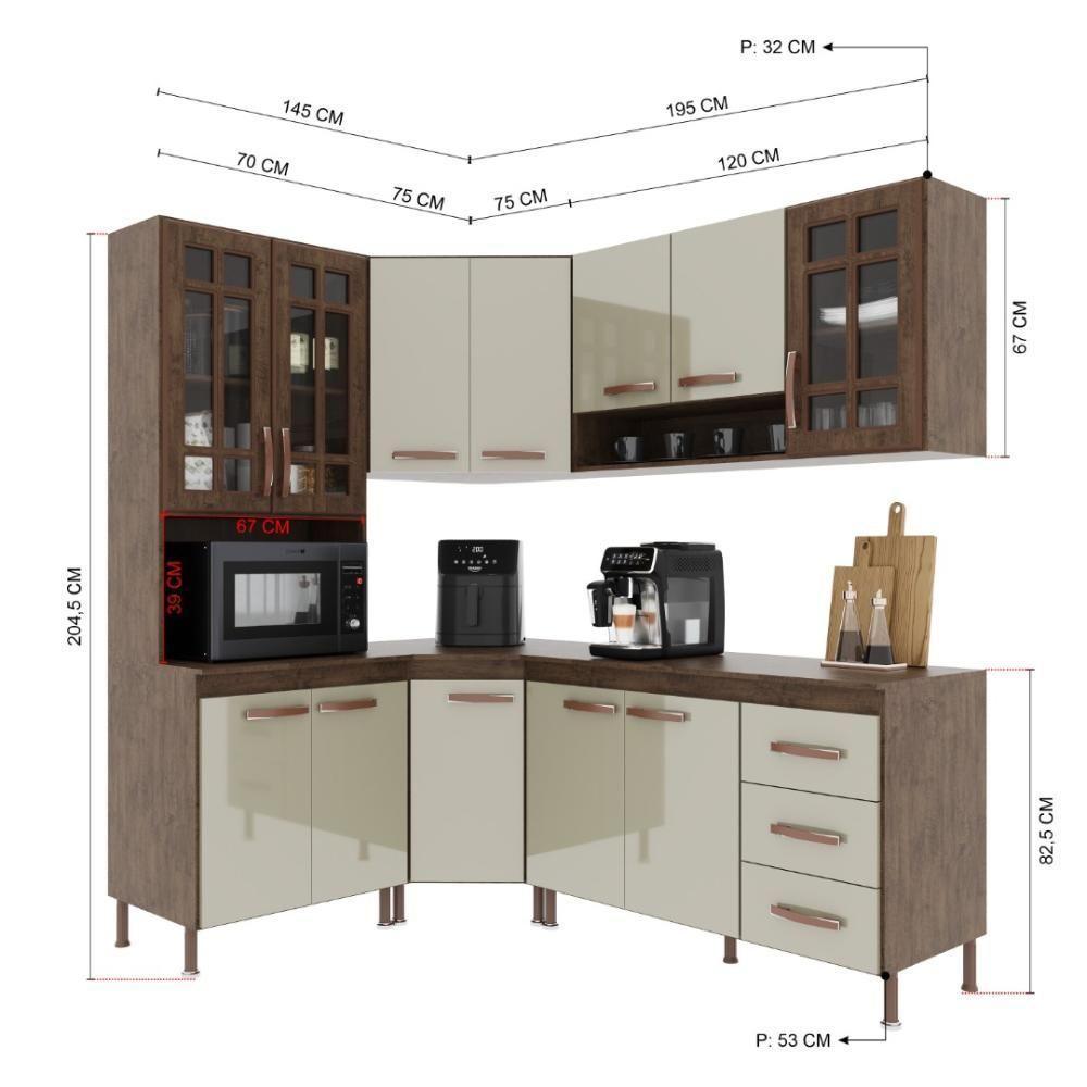 Cozinha Modulada Completa Fidelitá Lisboa 5 Peças 340cm 12 Portas 3 Gavetas Com Tampo Noce/off-white - 8