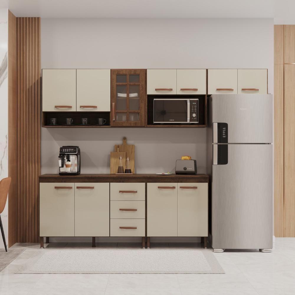 Cozinha Modulada Completa Fidelitá Lisboa 5 Peças 260cm 11 Portas 3 Gavetas Com Tampo Noce/off-white - 1