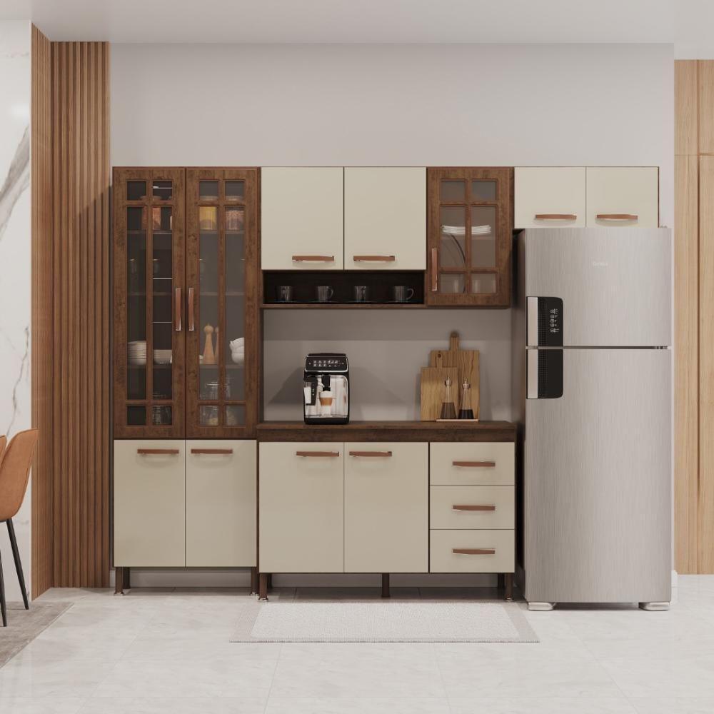 Cozinha Modulada Compacta Fidelitá Lisboa 4 Peças 260cm 11 Portas 3 Gavetas Com Tampo Noce/off-white - 1