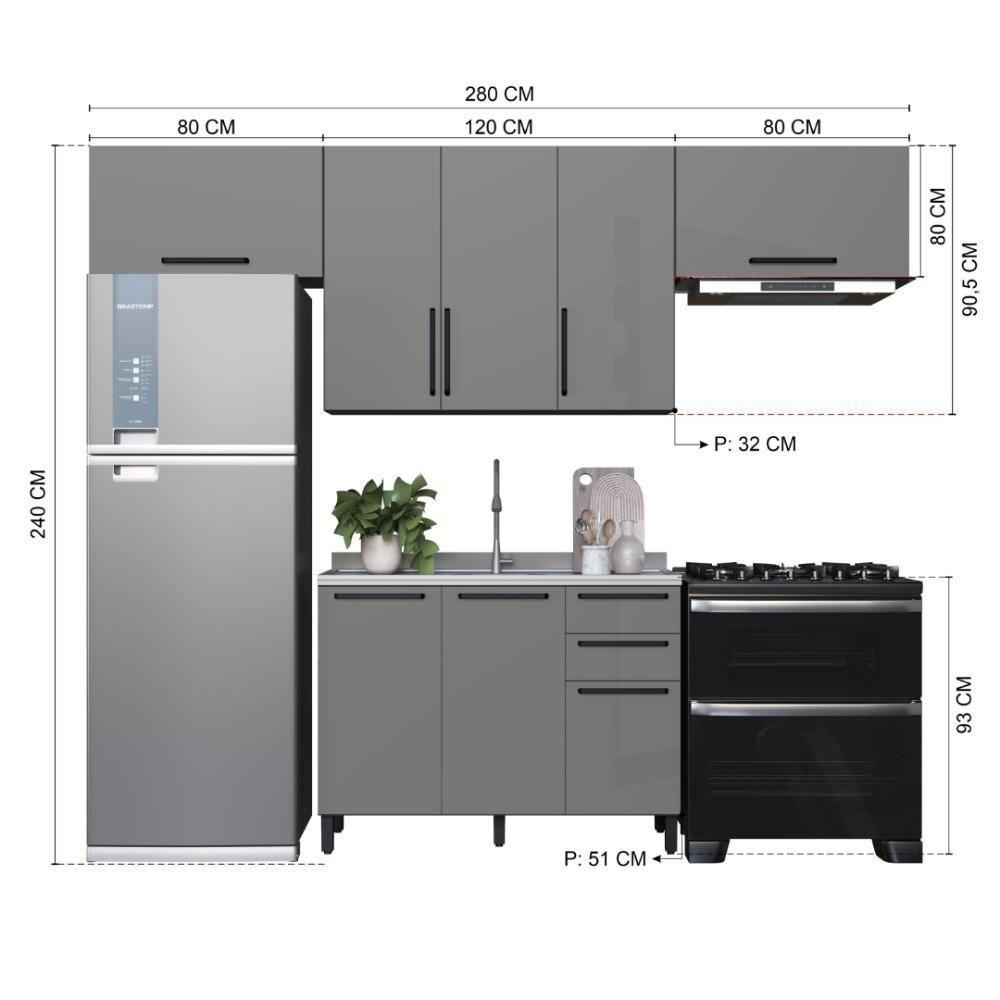 Cozinha Modulada Compacta Fidelitá Mônaco 4 Peças 280cm 8 Portas 2 Gavetas Sem Tampo Chumbo/titânio - 4