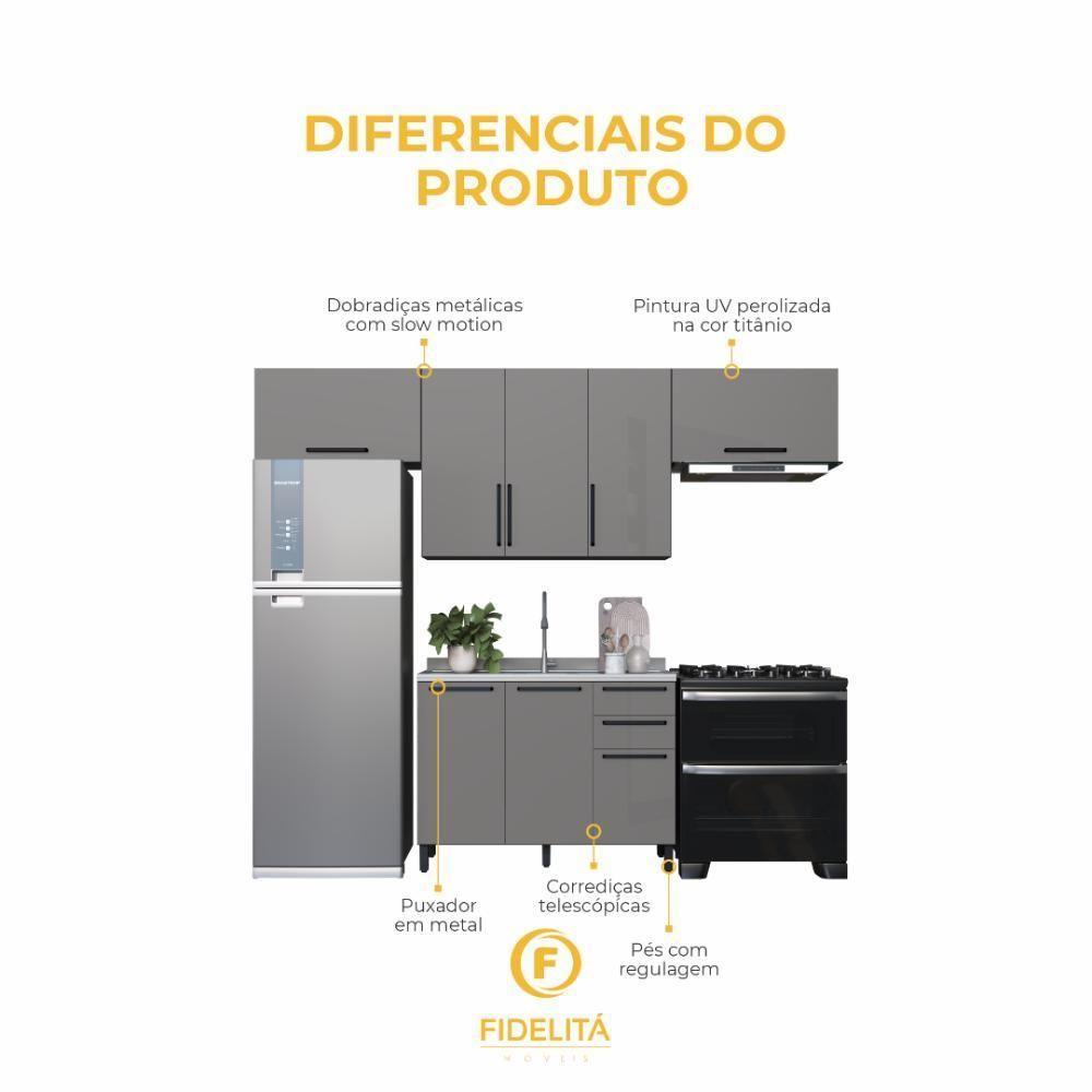 Cozinha Modulada Compacta Fidelitá Mônaco 4 Peças 280cm 8 Portas 2 Gavetas Sem Tampo Chumbo/titânio - 5