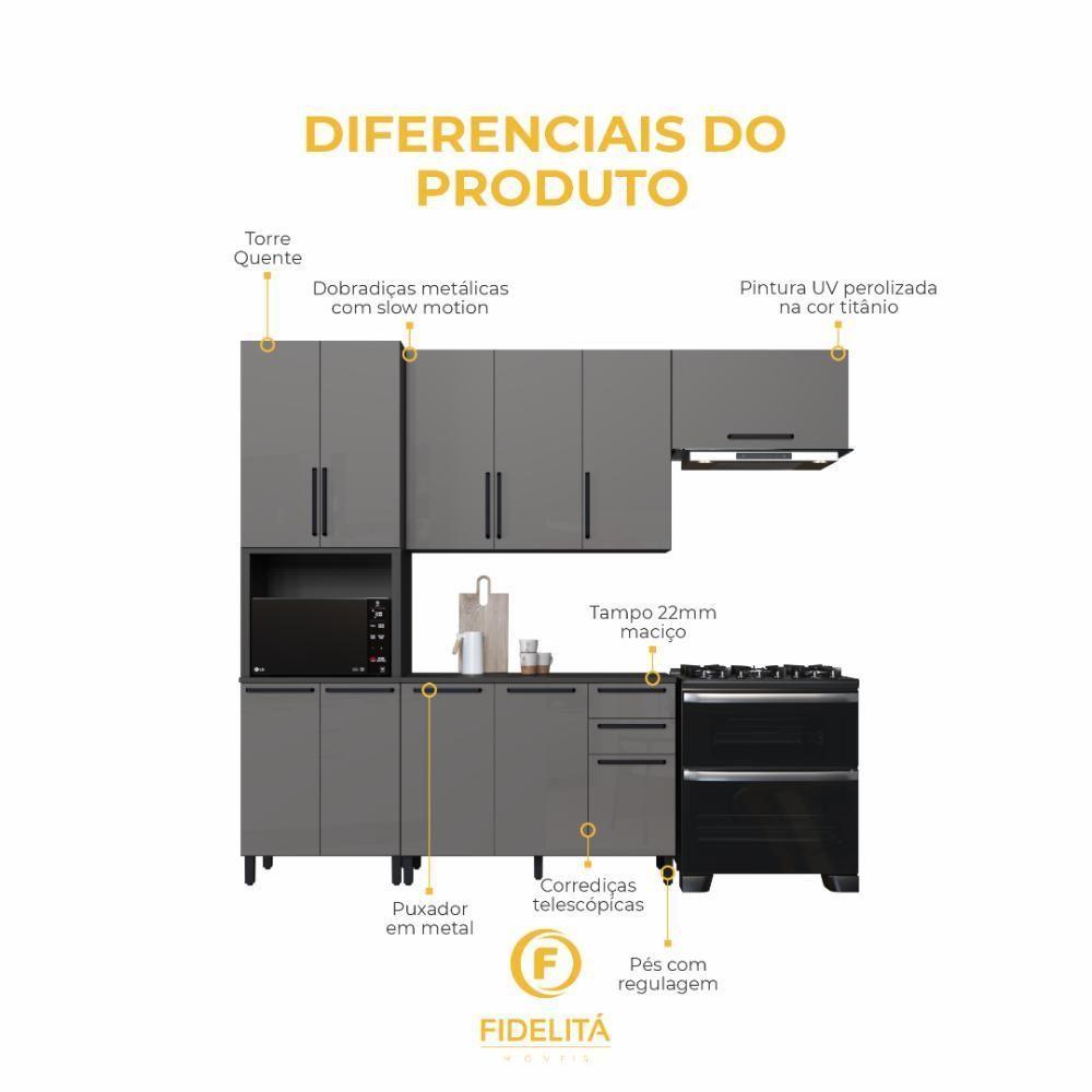 Cozinha Modulada Compacta Fidelitá Mônaco 4 Peças 270cm 11 Portas 2 Gavetas Com Tampo Chumbo/titânio - 5