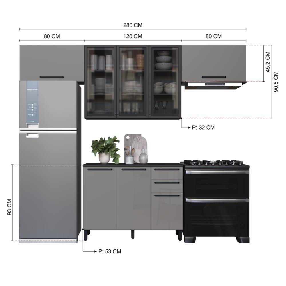Cozinha Modulada Compacta Fidelitá Mônaco 4 Peças 280cm 8 Portas 2 Gavetas Com Tampo Chumbo/titânio - 4