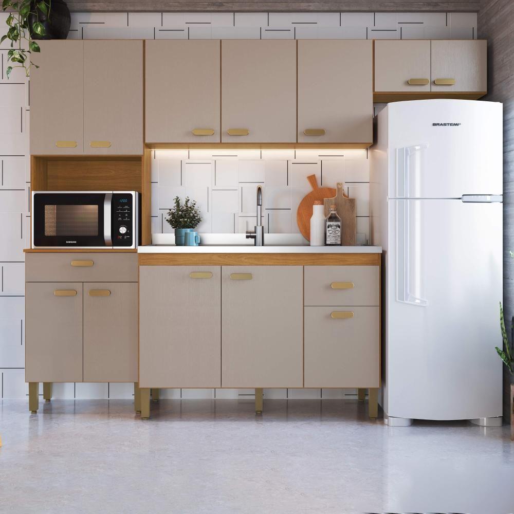 Cozinha Modulada Compacta Fidelitá Mariana 4 Peças 240cm 12 Portas 2 Gavetas Sem Tampo Freijó/camurça - 1