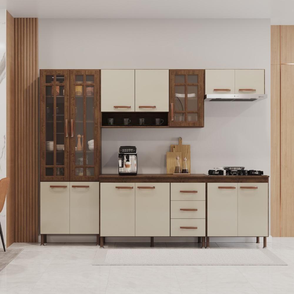 Cozinha Modulada Completa Fidelitá Lisboa 5 Peças 260cm 13 Portas 3 Gavetas Com Tampo Noce/off-white - 1