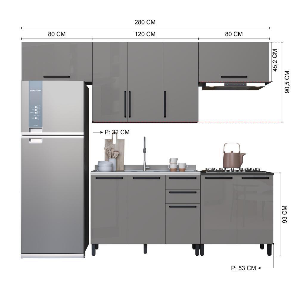 Cozinha Modulada Completa Fidelitá Mônaco 5 Peças 280cm 10 Portas 2 Gavetas Sem Tampo Chumbo/titânio - 4