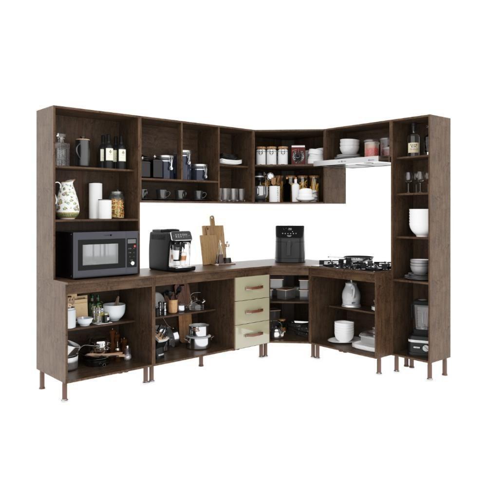 Cozinha Modulada Completa Fidelitá Lisboa 8 Peças 445cm 18 Portas 3 Gavetas Com Tampo Noce/off-white - 2