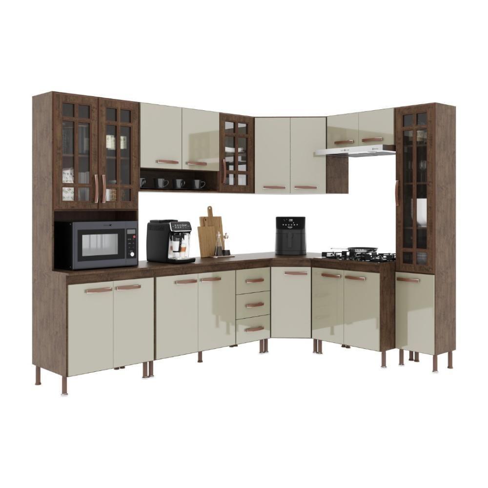 Cozinha Modulada Completa Fidelitá Lisboa 8 Peças 445cm 18 Portas 3 Gavetas Com Tampo Noce/off-white - 3