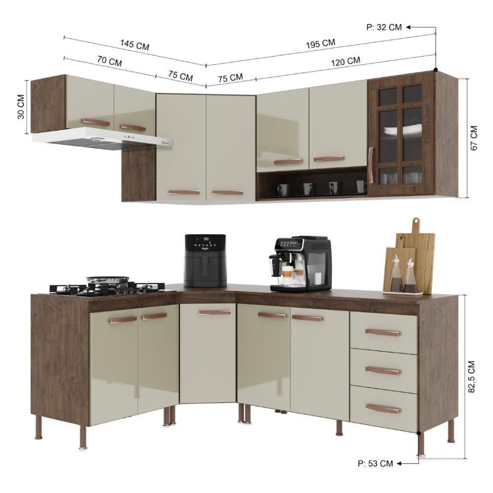 Cozinha Modulada Completa Fidelitá Lisboa 6 Peças 340cm 12 Portas 3 Gavetas Com Tampo Noce/off-white - 4