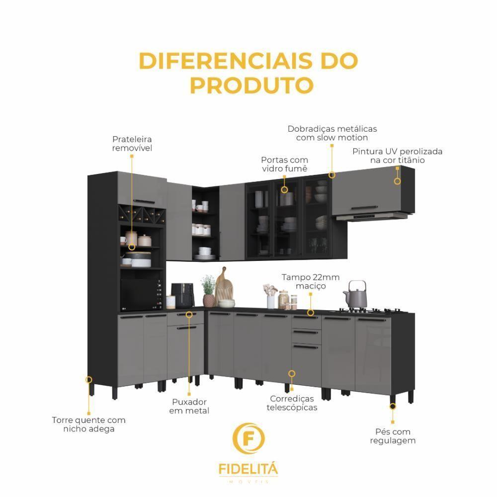 Cozinha Modulada Completa Fidelitá Mônaco 8 Peças 479cm 16 Portas 4 Gavetas Com Tampo Chumbo/titânio - 6