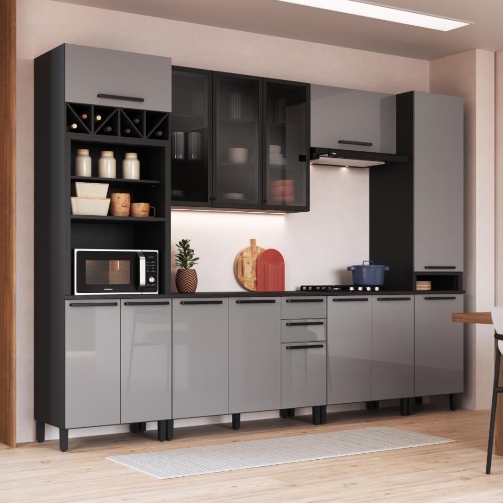 Cozinha Modulada Completa Fidelitá Mônaco 6 Peças 320cm 14 Portas 2 Gavetas Com Tampo Chumbo/titânio - 1