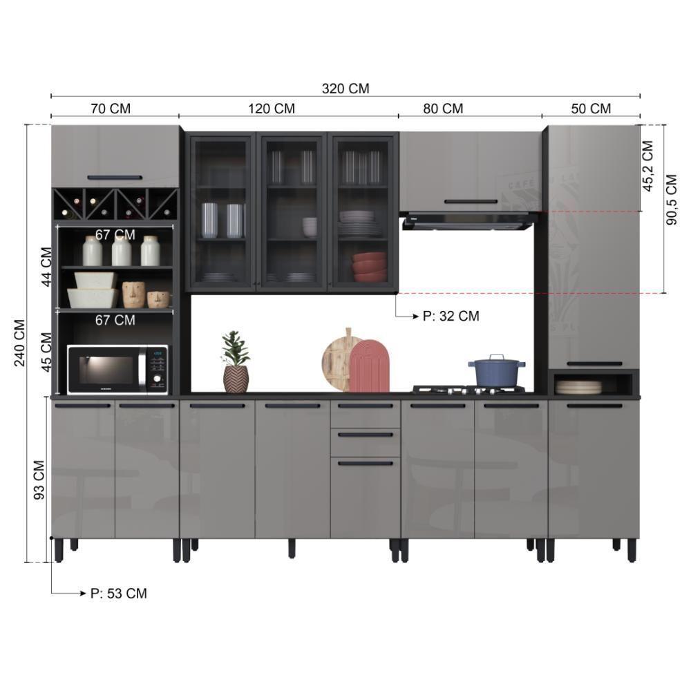 Cozinha Modulada Completa Fidelitá Mônaco 6 Peças 320cm 14 Portas 2 Gavetas Com Tampo Chumbo/titânio - 4