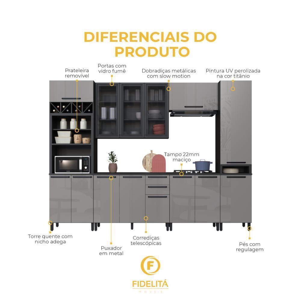Cozinha Modulada Completa Fidelitá Mônaco 6 Peças 320cm 14 Portas 2 Gavetas Com Tampo Chumbo/titânio - 5
