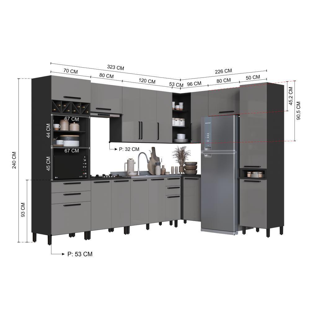 Cozinha Modulada Completa Fidelitá Mônaco 9 Peças 549cm 16 Portas 4 Gavetas Sem Tampo Chumbo/titânio - 2