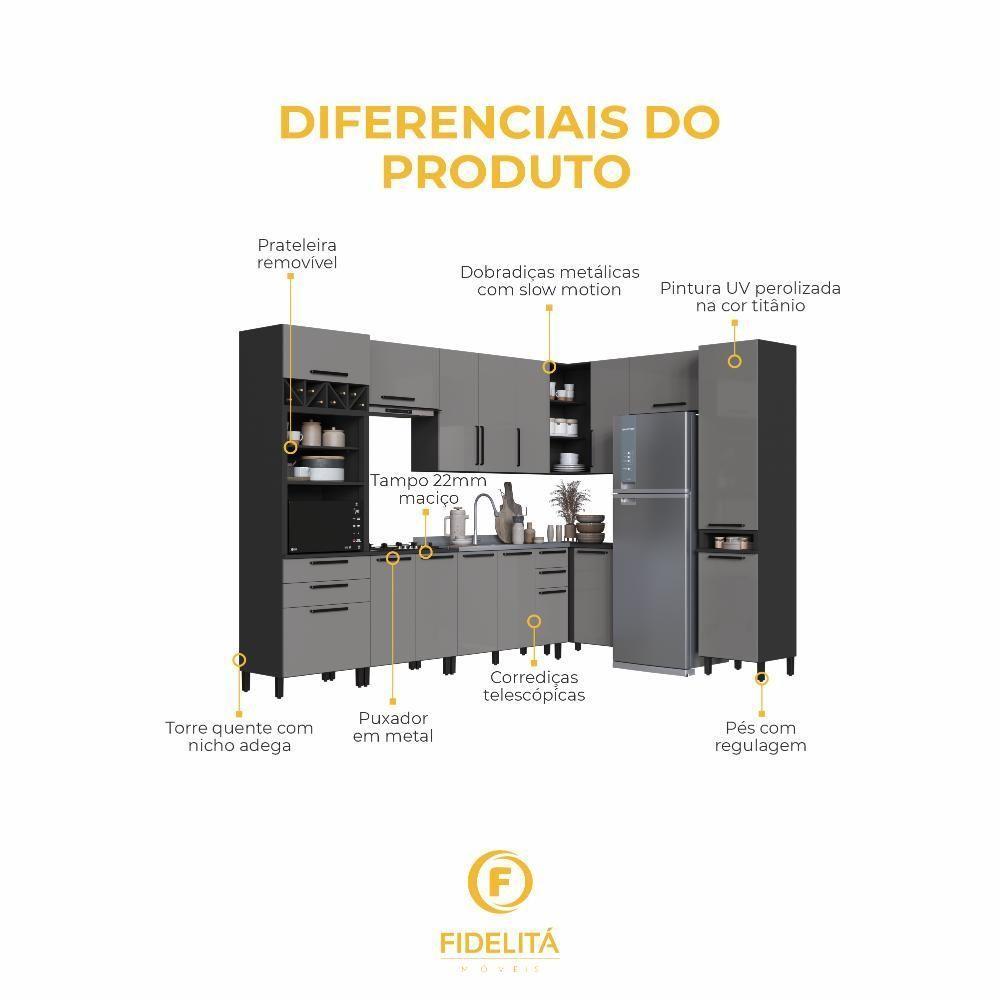 Cozinha Modulada Completa Fidelitá Mônaco 9 Peças 549cm 16 Portas 4 Gavetas Sem Tampo Chumbo/titânio - 3
