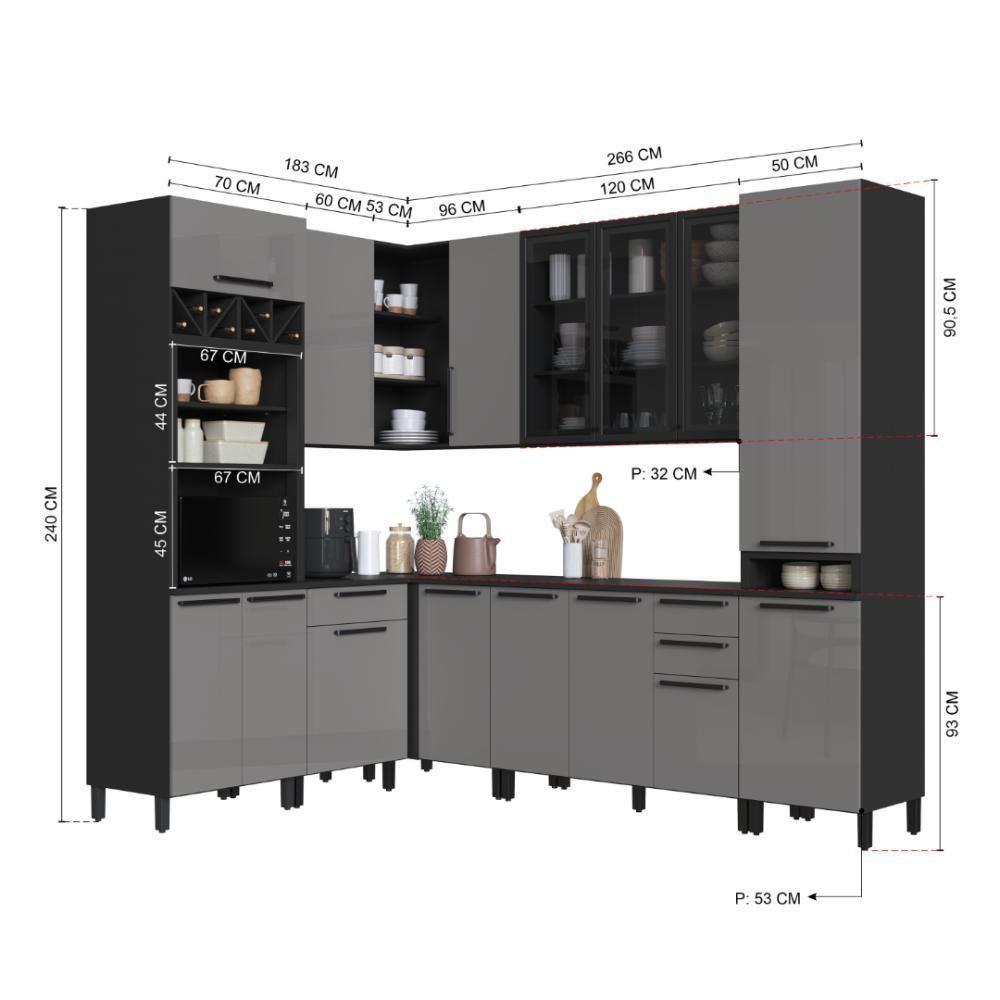 Cozinha Modulada Completa Fidelitá Mônaco 8 Peças 449cm 15 Portas 3 Gavetas Com Tampo Chumbo/titânio - 4