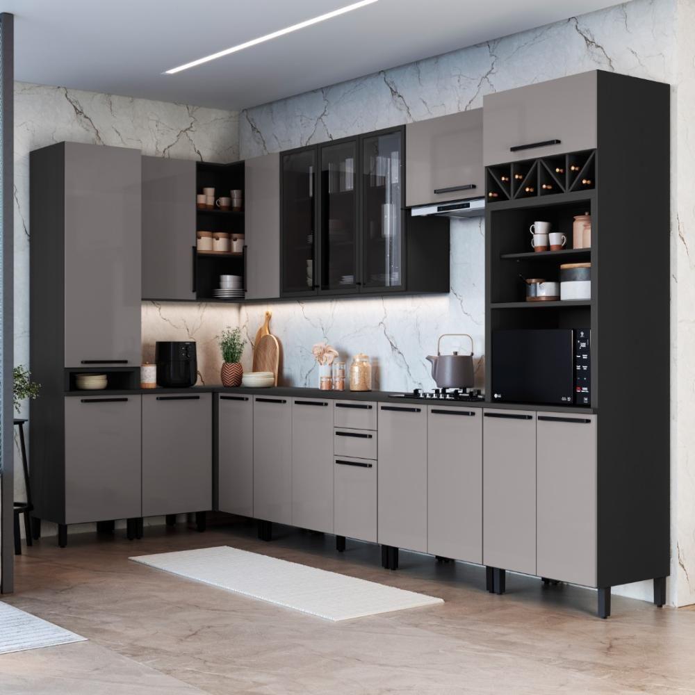 Cozinha Modulada Completa Fidelitá Mônaco 10 Peças 529cm 18 Portas 2 Gavetas Com Tampo Chumbo/titânio - 1