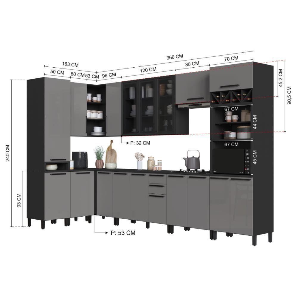 Cozinha Modulada Completa Fidelitá Mônaco 10 Peças 529cm 18 Portas 2 Gavetas Com Tampo Chumbo/titânio - 4