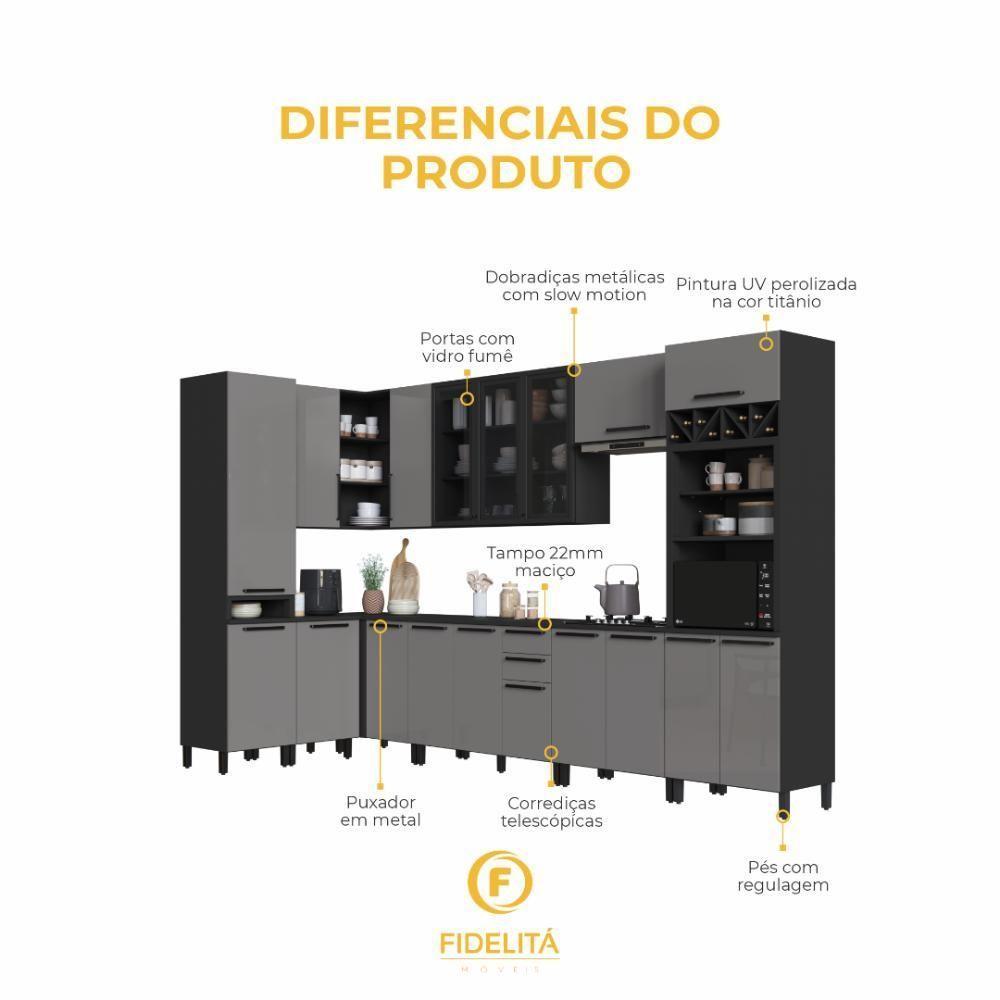 Cozinha Modulada Completa Fidelitá Mônaco 10 Peças 529cm 18 Portas 2 Gavetas Com Tampo Chumbo/titânio - 5