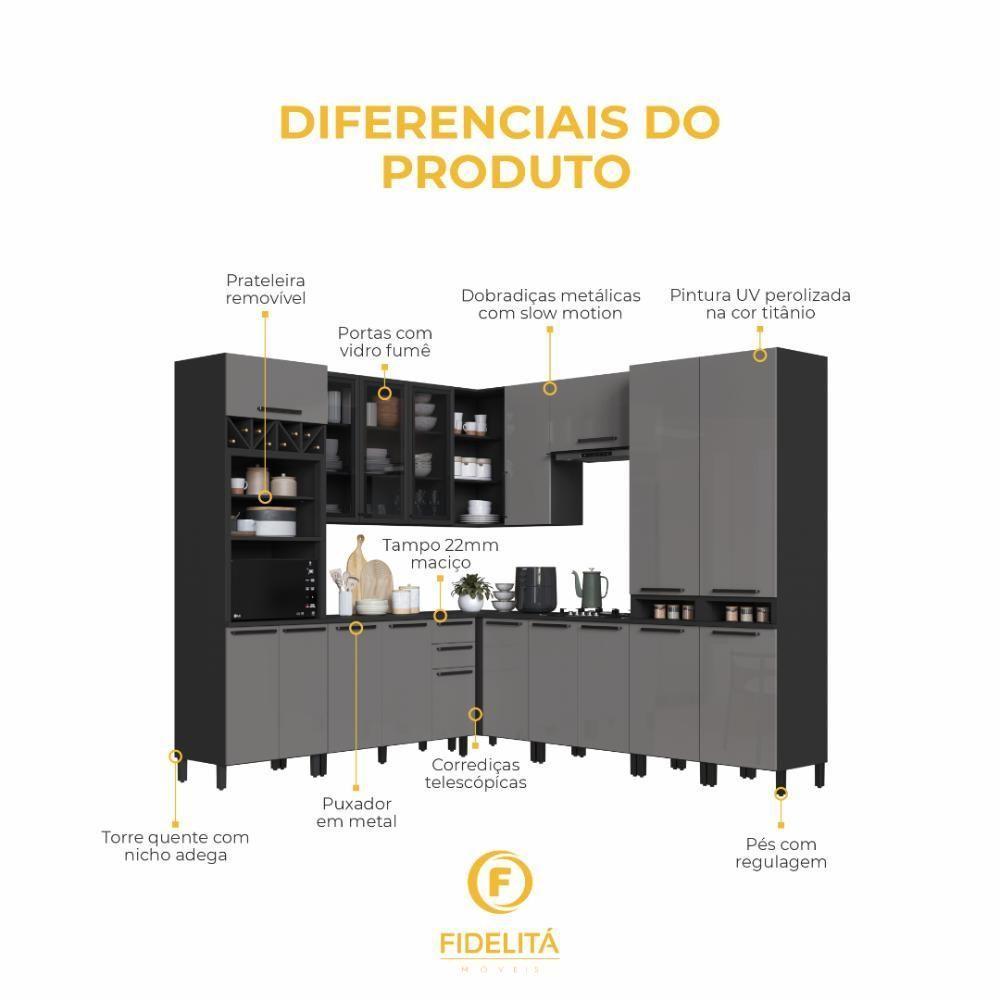 Cozinha Modulada Completa Fidelitá Mônaco 8 Peças 519cm 18 Portas 2 Gavetas Com Tampo Chumbo/titânio - 5