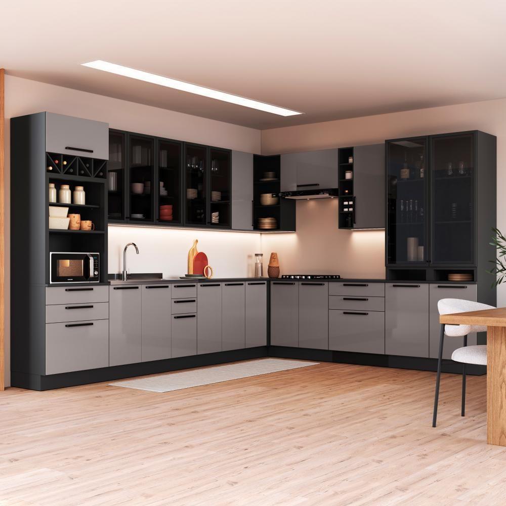 Cozinha Modulada Completa Fidelitá Mônaco 14 Peças Com Rodapé 659cm 23 Portas 6 Gavetas Sem Tampo Chumbo/titânio - 1