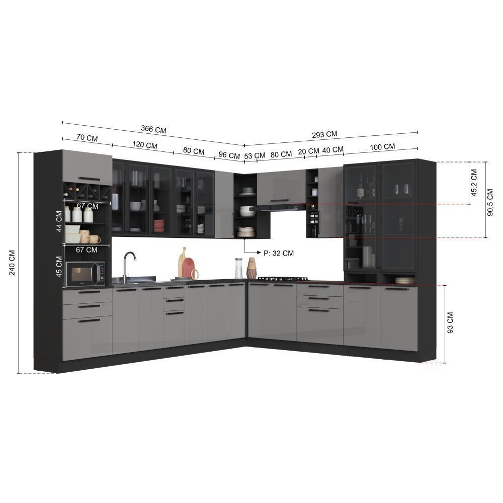 Cozinha Modulada Completa Fidelitá Mônaco 14 Peças Com Rodapé 659cm 23 Portas 6 Gavetas Sem Tampo Chumbo/titânio - 4