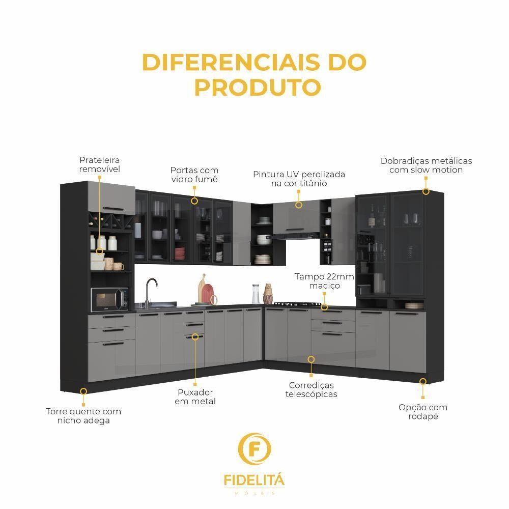 Cozinha Modulada Completa Fidelitá Mônaco 14 Peças Com Rodapé 659cm 23 Portas 6 Gavetas Sem Tampo Chumbo/titânio - 5