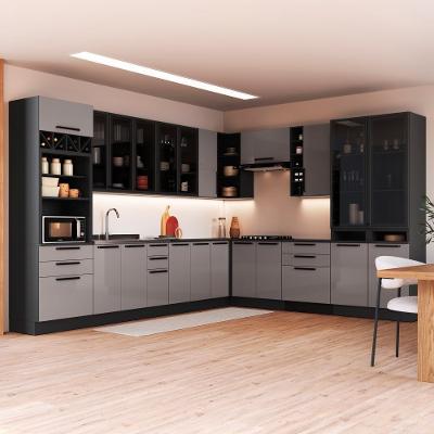 Cozinha Modulada Completa Fidelitá Mônaco 14 Peças Com Rodapé 659cm 23 Portas 6 Gavetas Sem Tampo Chumbo/titânio