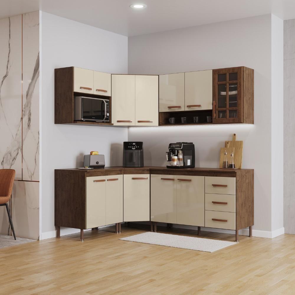 Cozinha Modulada Completa Fidelitá Lisboa 6 Peças 340cm 12 Portas 3 Gavetas Com Tampo Noce/off-white - 1