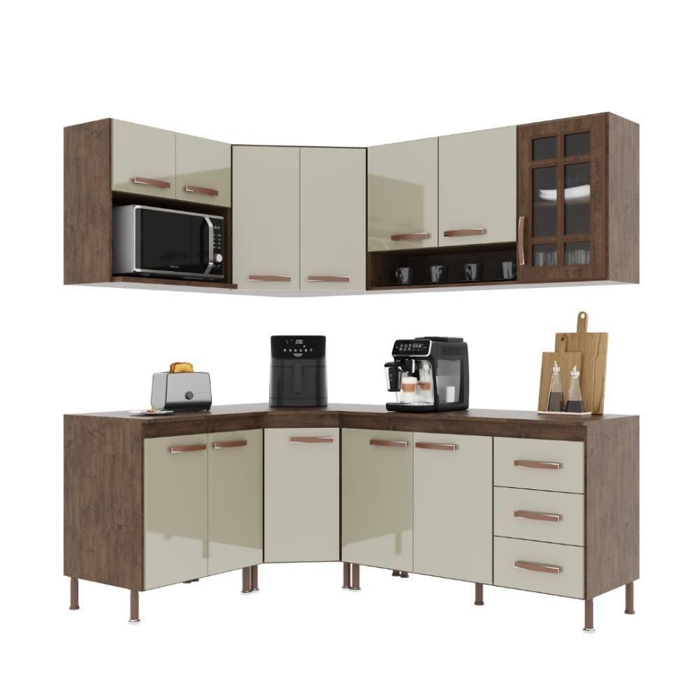Cozinha Modulada Completa Fidelitá Lisboa 6 Peças 340cm 12 Portas 3 Gavetas Com Tampo Noce/off-white - 3