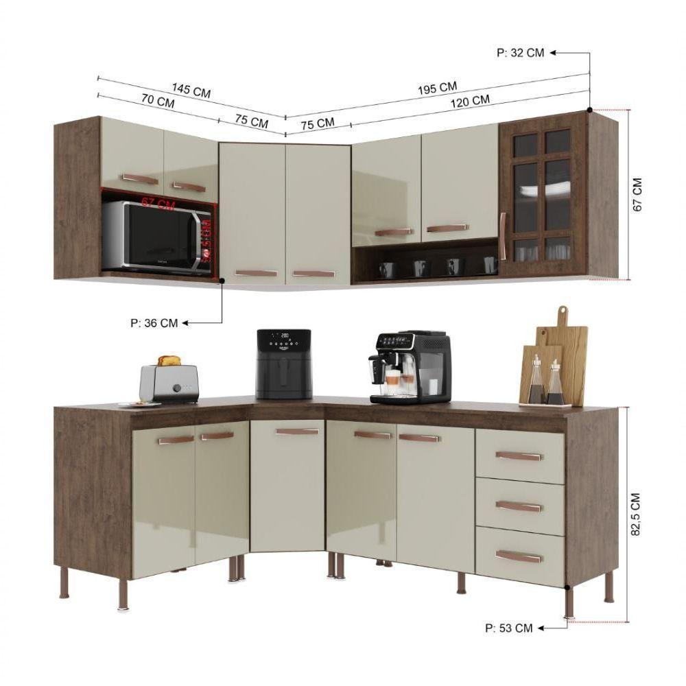 Cozinha Modulada Completa Fidelitá Lisboa 6 Peças 340cm 12 Portas 3 Gavetas Com Tampo Noce/off-white - 4
