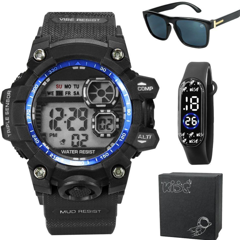 Relógio Infantil Prova Dagua + Caixa + Oculos Protecao Uv Qualidade Premium Resistente Menino Alarme - 1