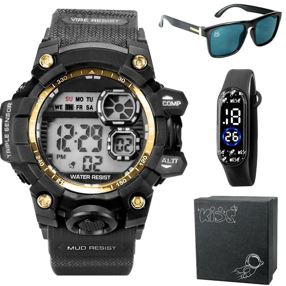 Relogio Prova Dagua Digital + Oculos Sol Protecao Uv Qualidade Premium Menino Presente Data Silicone - 1