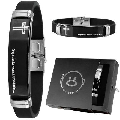 Pulseira Preta Placa Aço Inox Caixa Pai Nosso Masculina