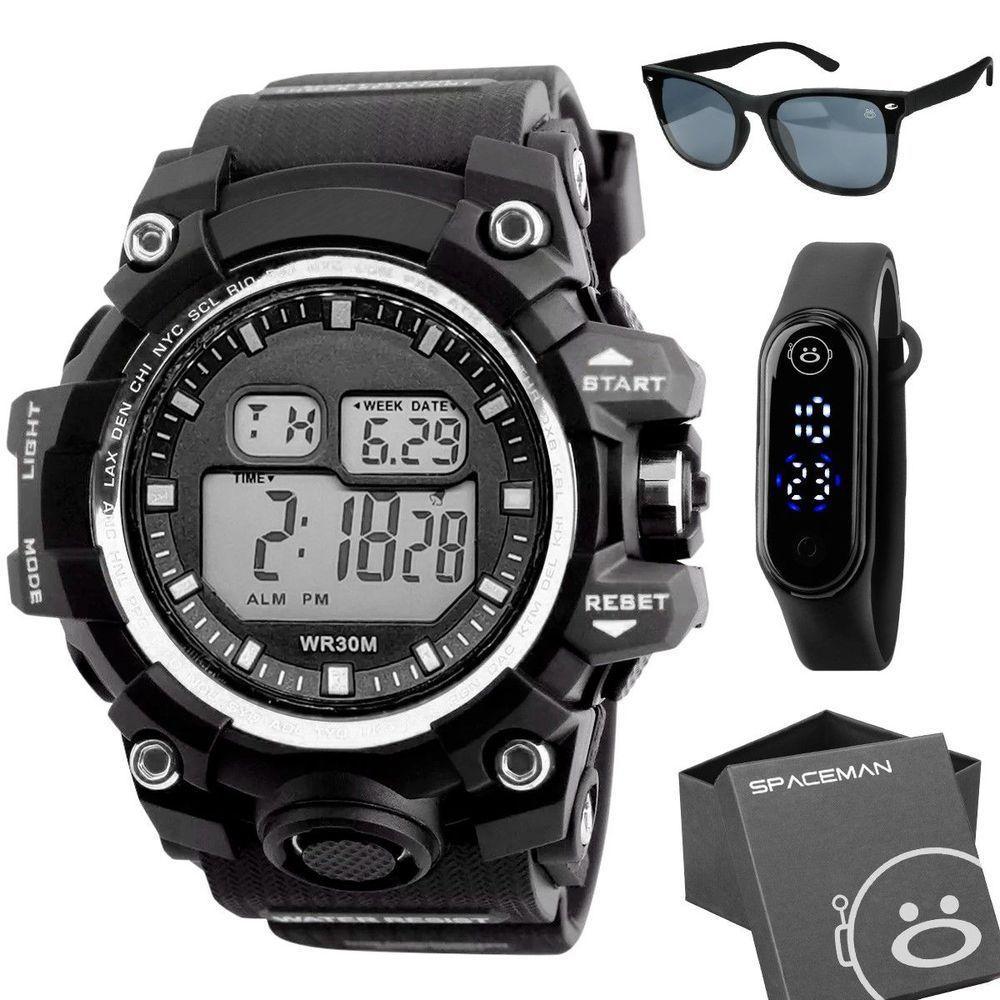 Caixa + Oculos Proteção Uv + Relogio Prova Dagua Digital Cronometro Grande Presente Esportivo Preto - 1